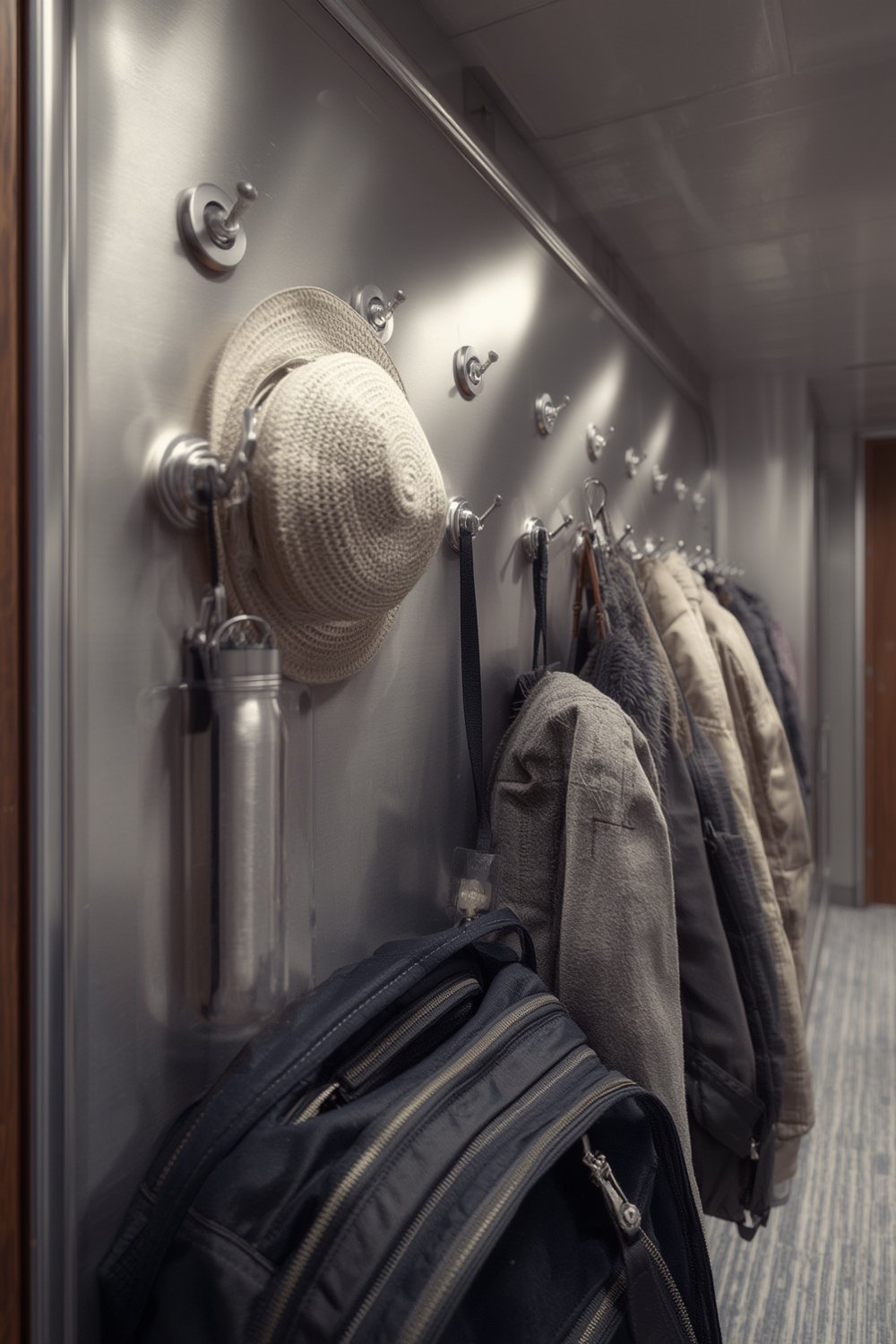 magnetic hooks in use holding kitchen utensils on refrigerator