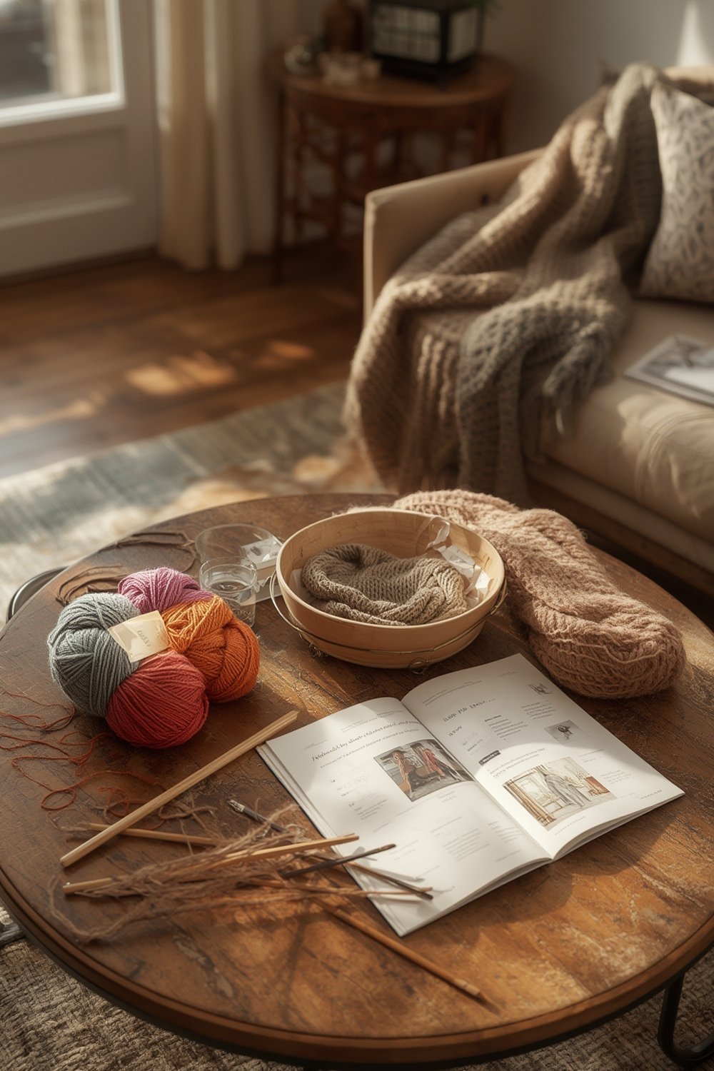 knitting kit with rainbow yarn, plastic knitting needles, instructions, gift tag, and finished scarf