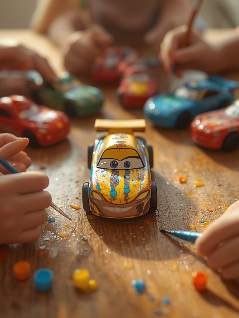 race car kit with assembled wooden cars and art supplies