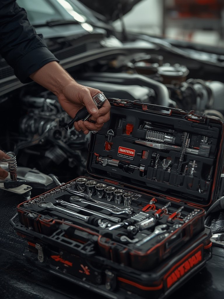 socket set and mechanic tools from Craftsman in VERSASTACK box on workbench