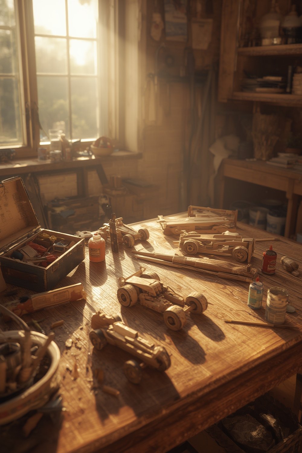 wooden cars DIY craft project with three assembled and painted race cars